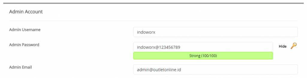 Pengaturan Admin Account pada instalasi wordpress di softaculous