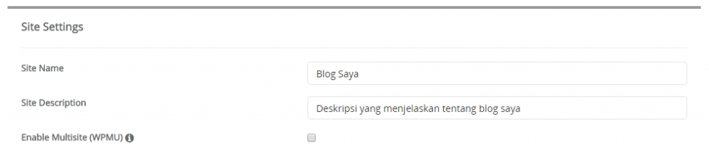 Pengaturan Site Settings pada instalasi wordpress di softaculous