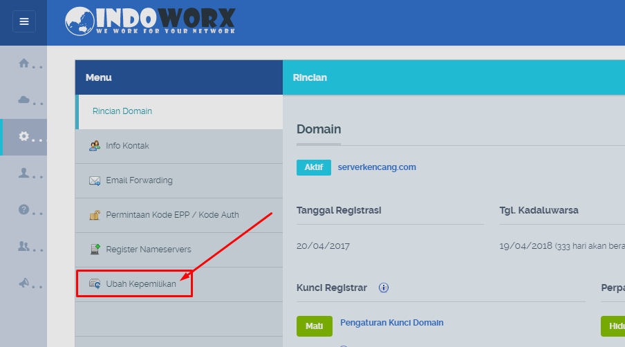Screenshot menu Ubah Kepemilikan layanan Domain